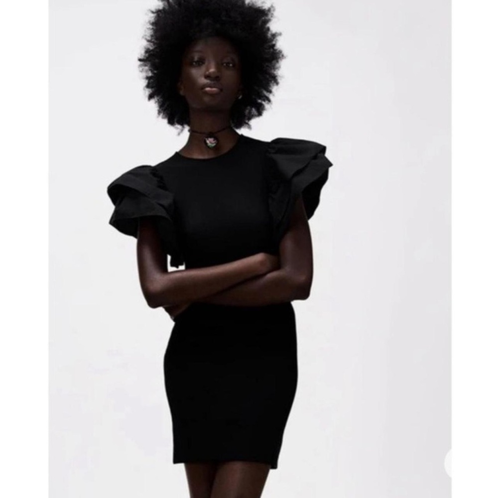 ZARA | Black Mini Dress with Ruffle Sleeves